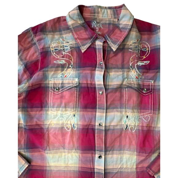 Wrangler Rock 47 Sz L Snap Button Shirt Rhinestone Long Sleeve Plaid Pink Purple - Picture 2 of 5